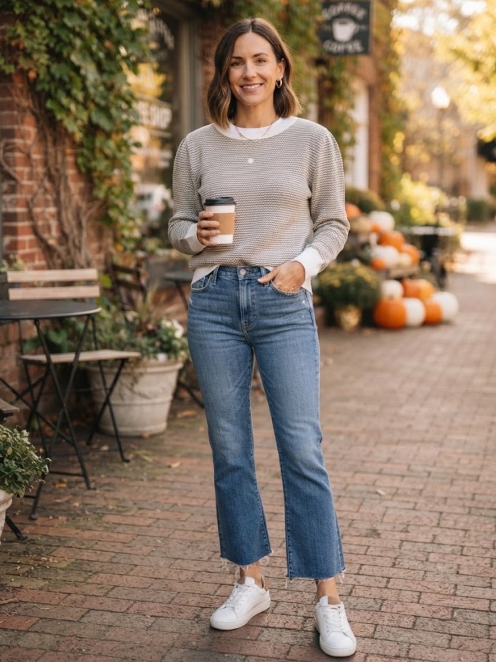 LOFT Textured Crewneck Sweater in Ivory and Beige